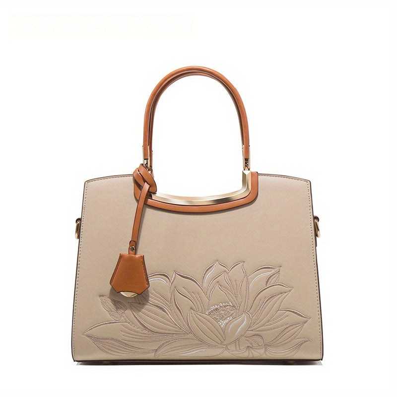 Embossed Leather Handbag for Women with Adjustable Strap & Zipper Closure