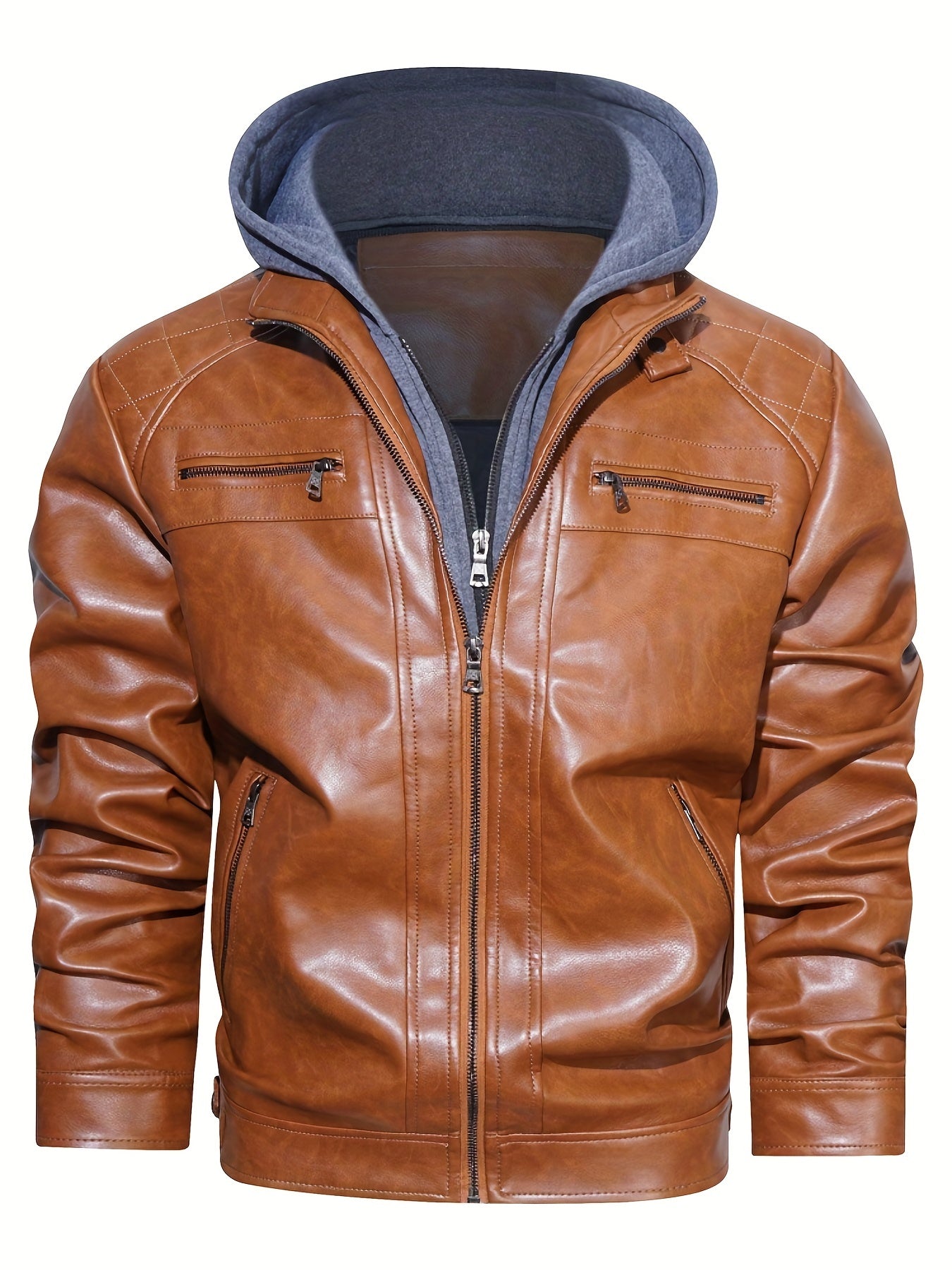 Men's Vintage Style Pu Hooded Jacket Zip Up Faux Leather Coat