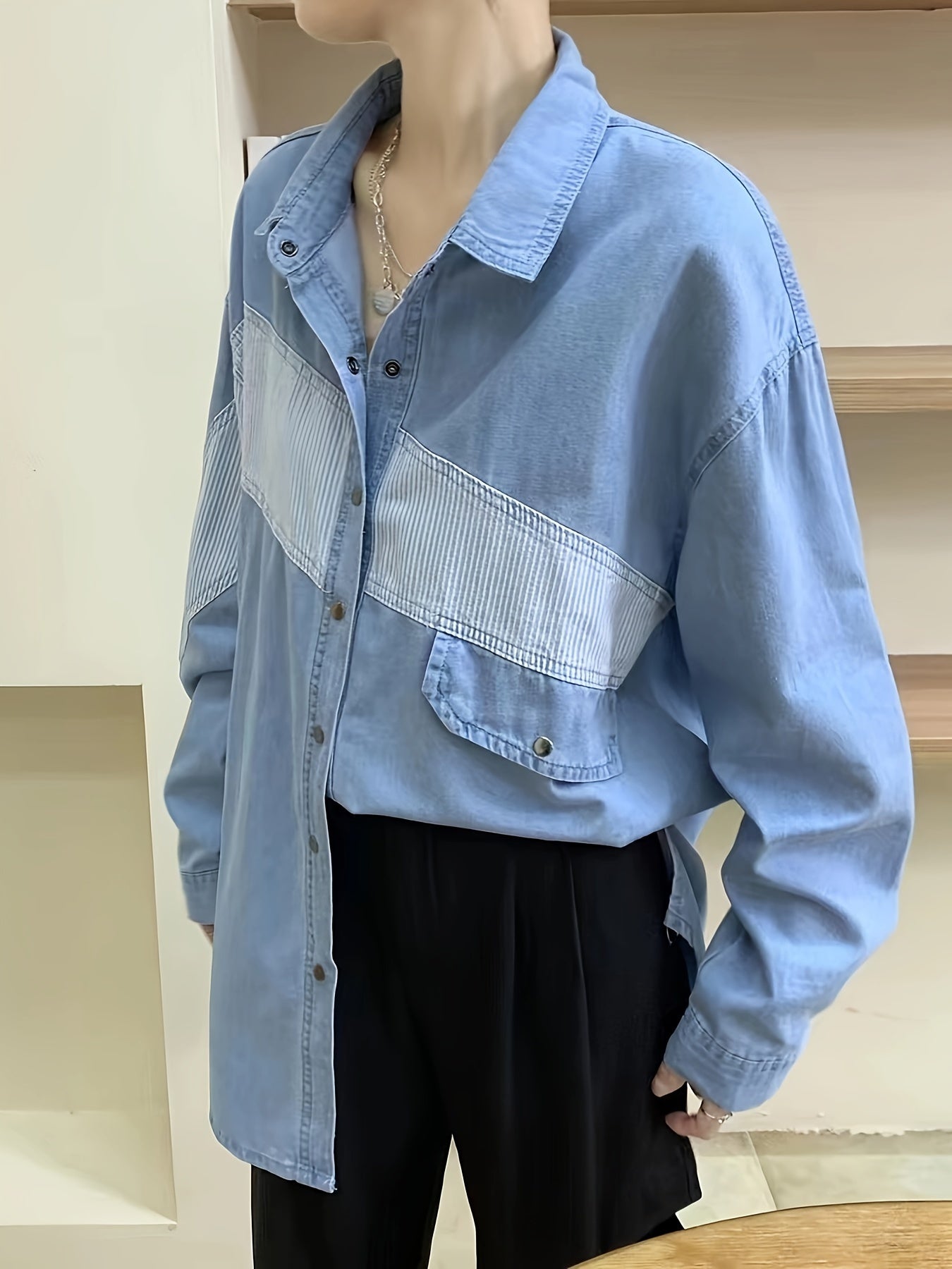 Colorblock Stripe Print Denim Top