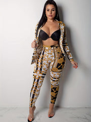 Baroque Floral Print 2pc Set Long Sleeve Tops & Slim Pants Outfits
