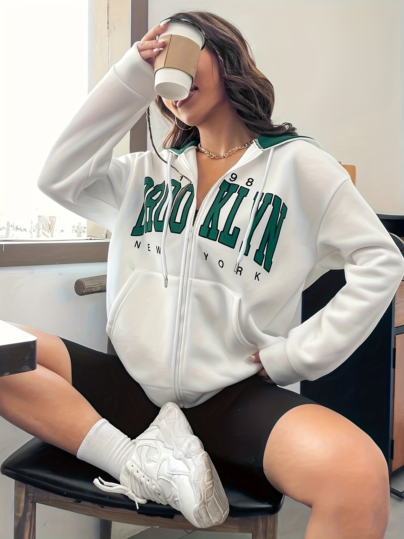 Letter Print Zip Up Hoodie Casual Long Sleeve Hoodies Sweatshirt Women