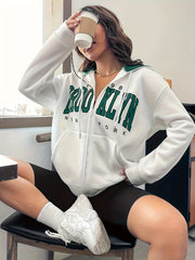 Letter Print Zip Up Hoodie Casual Long Sleeve Hoodies Sweatshirt Women