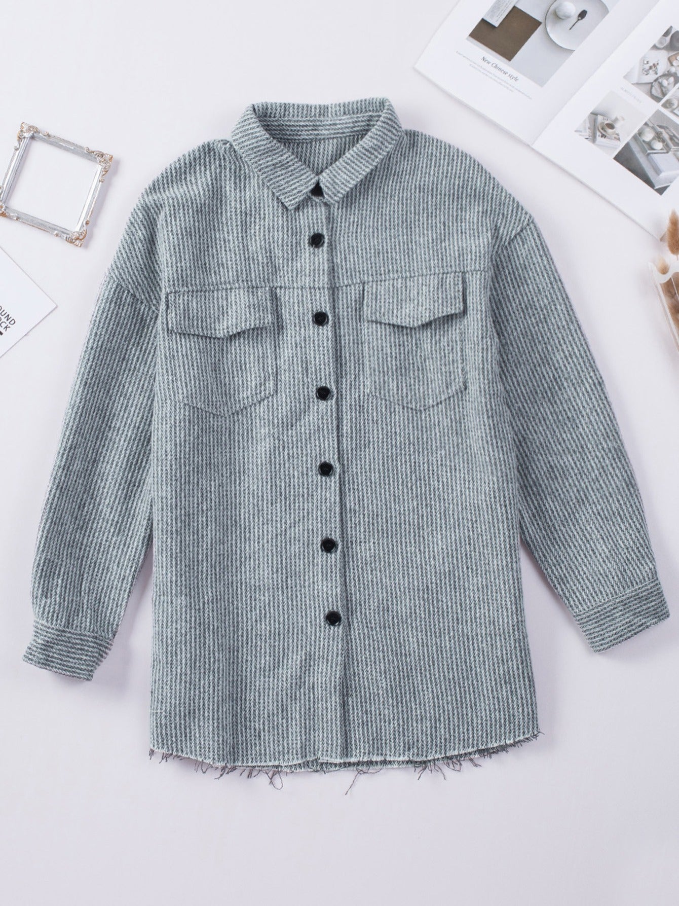 Women's Textured Button Down Shirt Jacket With Pockets