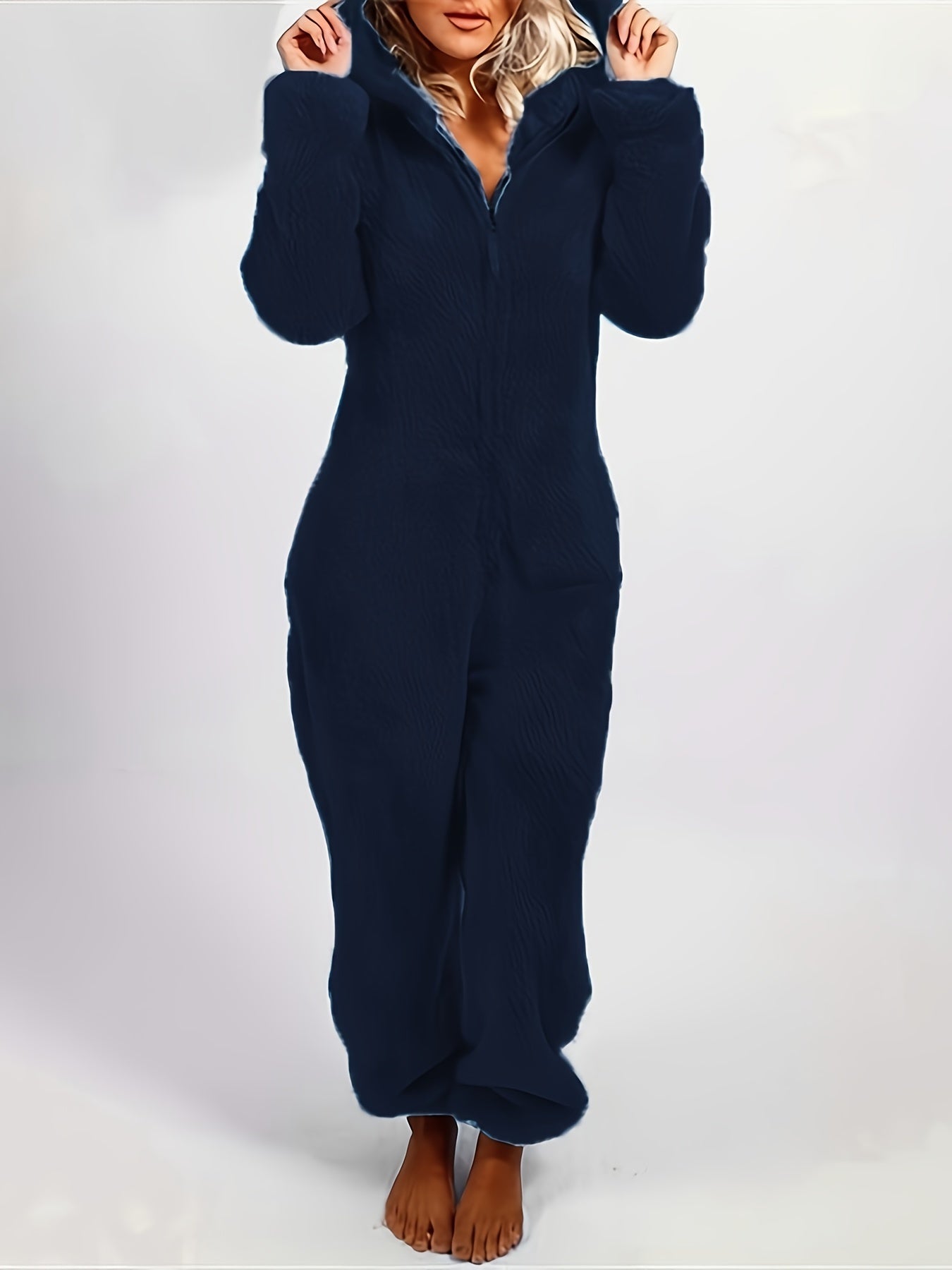 Cozy Hooded Lounge Jumpsuit Zipper Long Sleeve