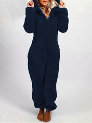 Cozy Hooded Lounge Jumpsuit Zipper Long Sleeve