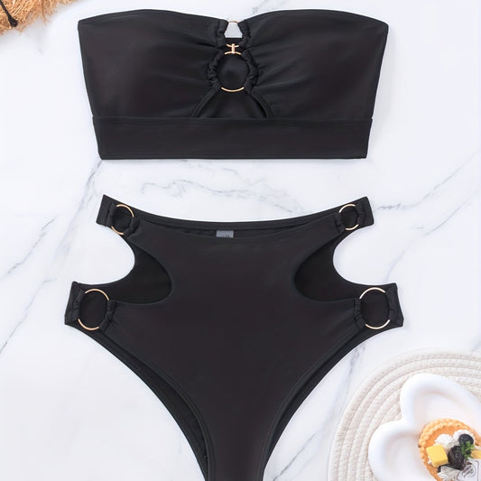 Ring Linked Bandeau Bikini Set Solid Two Piece Swimsuit