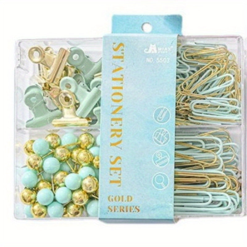 Golden Pu Stationery Set: 10 Macaron Clips, 50 Earth Nails, 100 Pins
