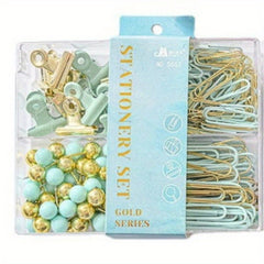 Golden Pu Stationery Set: 10 Macaron Clips, 50 Earth Nails, 100 Pins