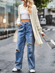 Solid Open Front Long Sleeve Cardigan