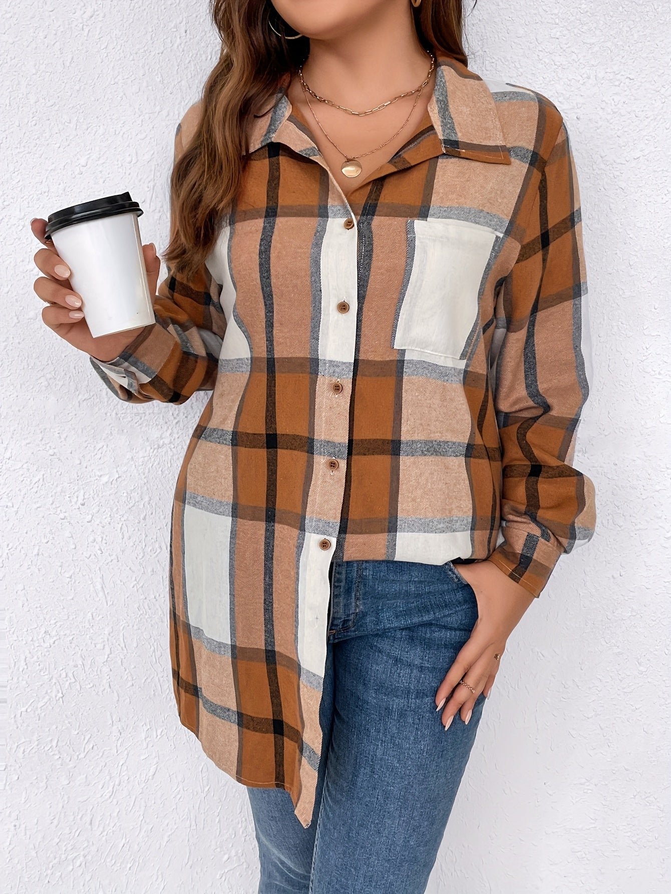 Plaid Print Button Up Long Sleeve Tunic Shirt