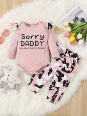 Baby Girls Casual Romper with Sorry DADDY Print & Camouflage Pants Set