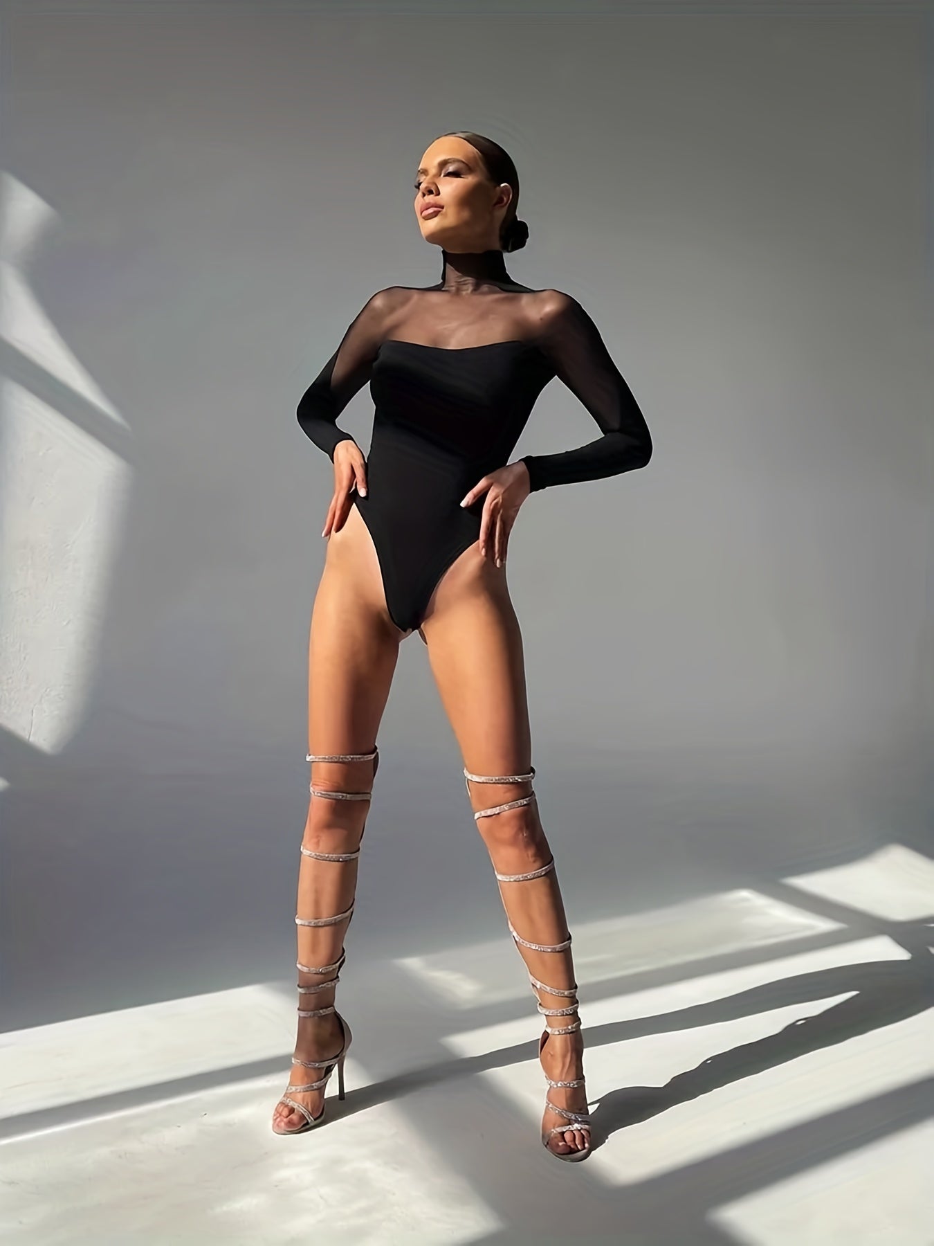 Mesh Mock Neck Slim Bodysuit Long Sleeve Y2K Style