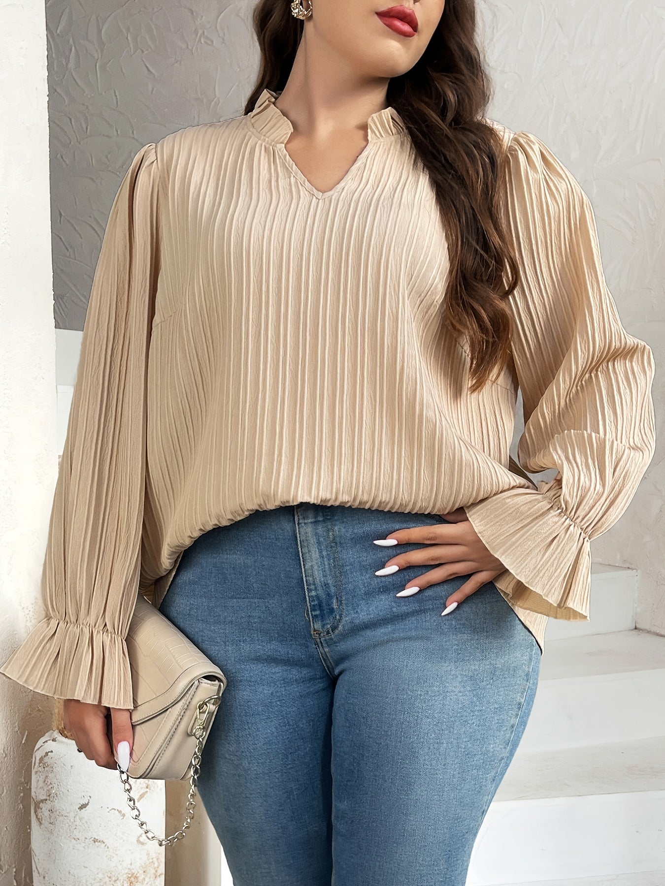 Solid Ribbed Bell Sleeve Blouse Mock Neck Top