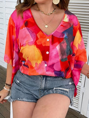 Colorblock Floral Print V Neck Top