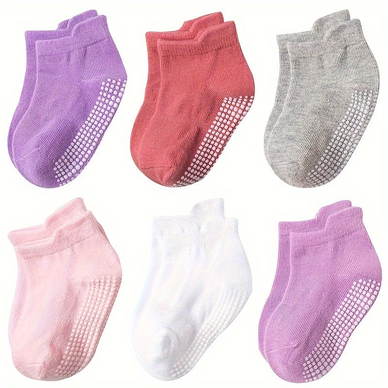 6 Pairs Baby Girl's Non Slip Socks Solid Cotton Blend Bottom
