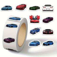 500 Sheets Cartoon Car Sticker Tape, Colorful Sports Car Designs, Self Adhesive