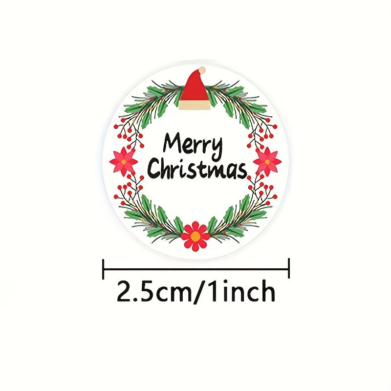 2 Rolls 1000pcs Merry Christmas Holiday Stickers - Adhesive Wreath Stickers