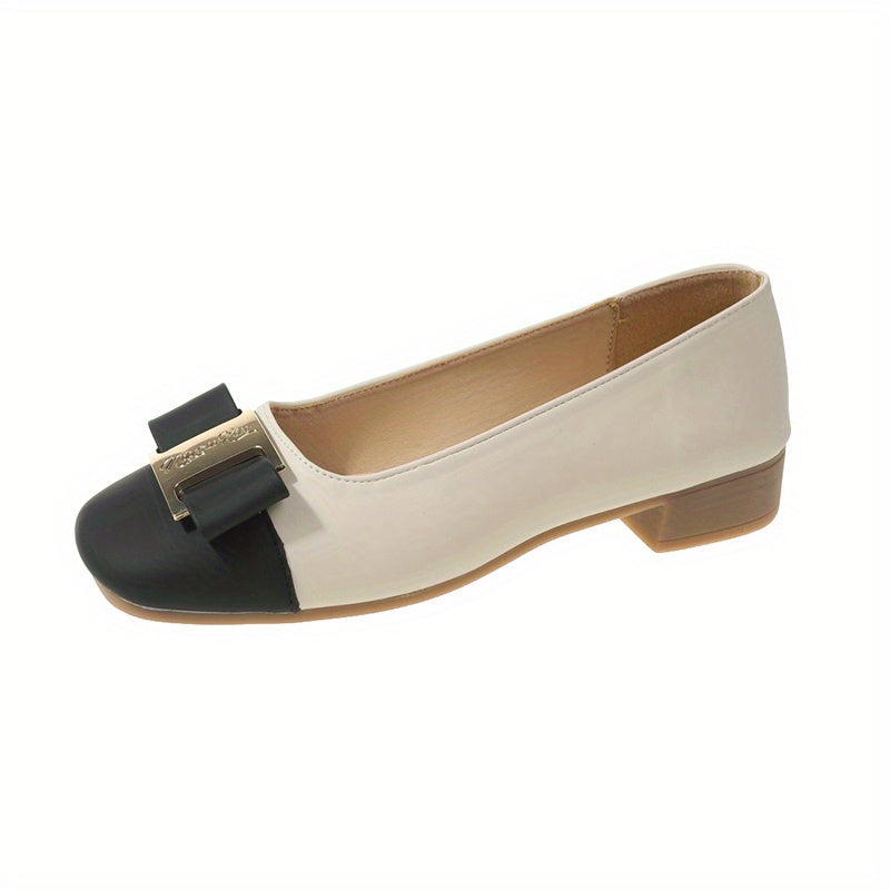 Bow Chunky Heel Square Toe Colorblock Walking Shoes
