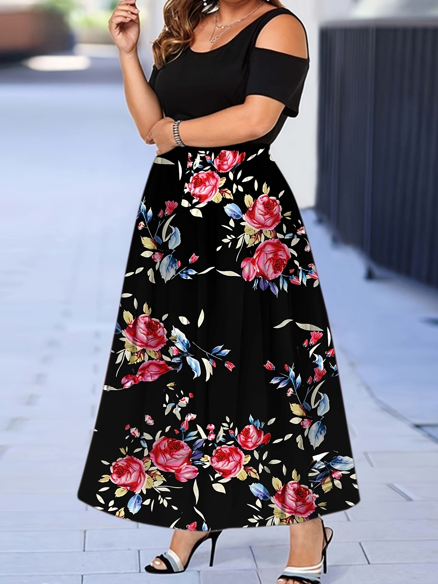 Ombre Print Cold Shoulder Maxi Dress Women's Plus