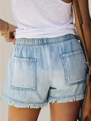 Casual Denim Shorts Women's Plus Solid Raw Trim Elastic Waist