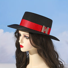 M Label Strap Sun Hat Flat Top Straw Jazz Hat British Style Vintage