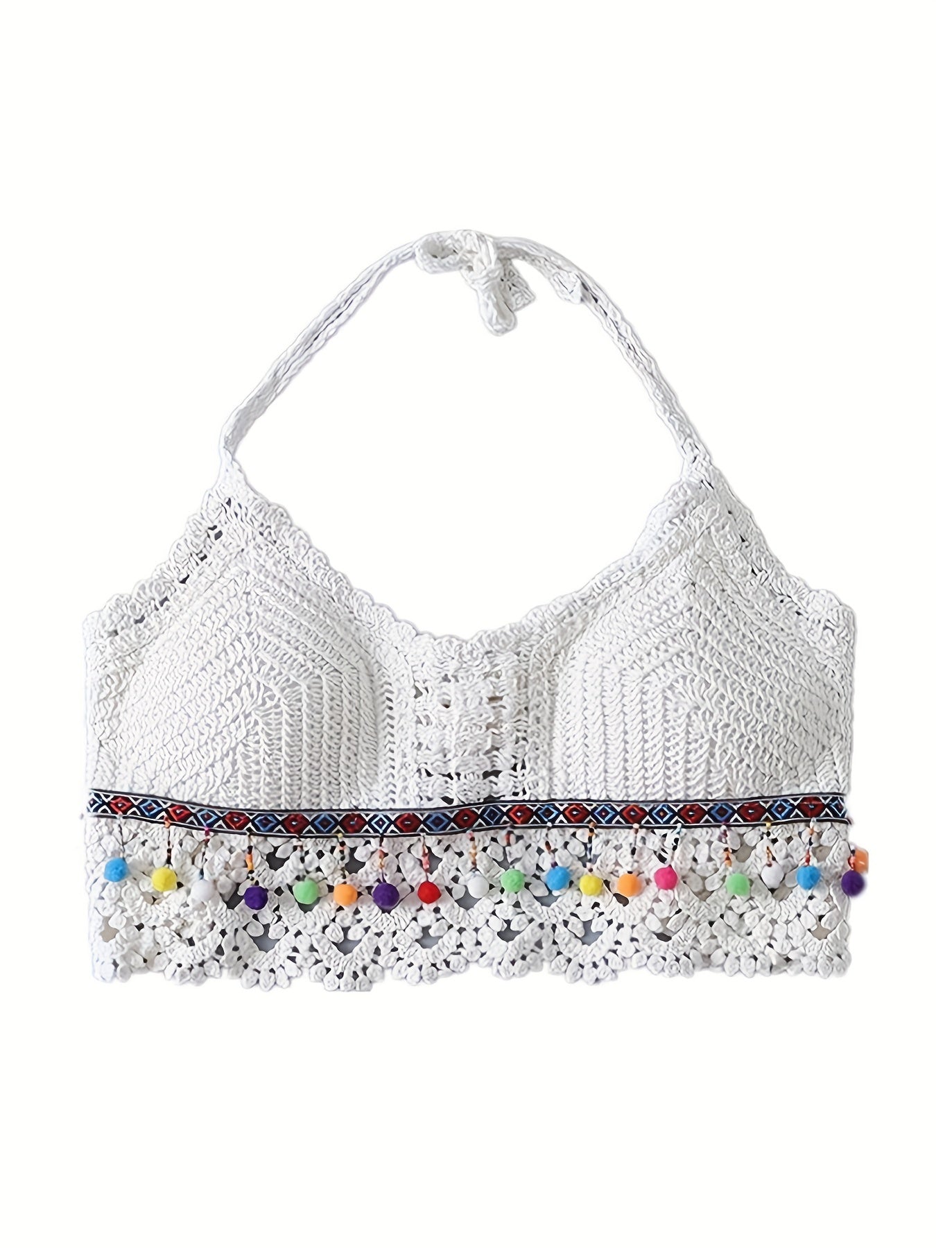 Crochet Halter Crop Top Tassel Lace Up Hollow Out Top