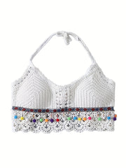 Crochet Halter Crop Top Tassel Lace Up Hollow Out Top