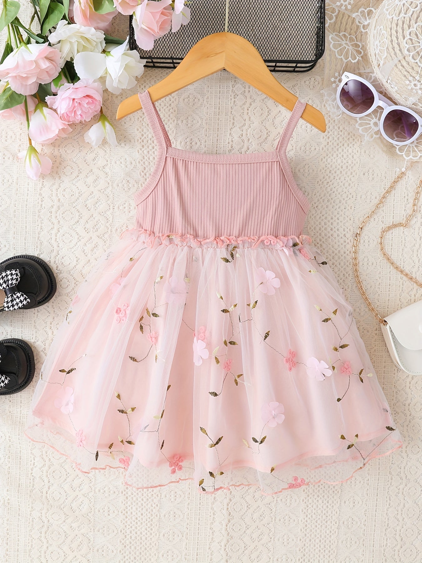 Baby Girls Floral Embroidery Mesh Cami Dress Summer Clothes