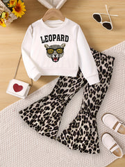 LEOPARD Pattern Girl's 2pcs Sweatshirt & Flared Pants Set