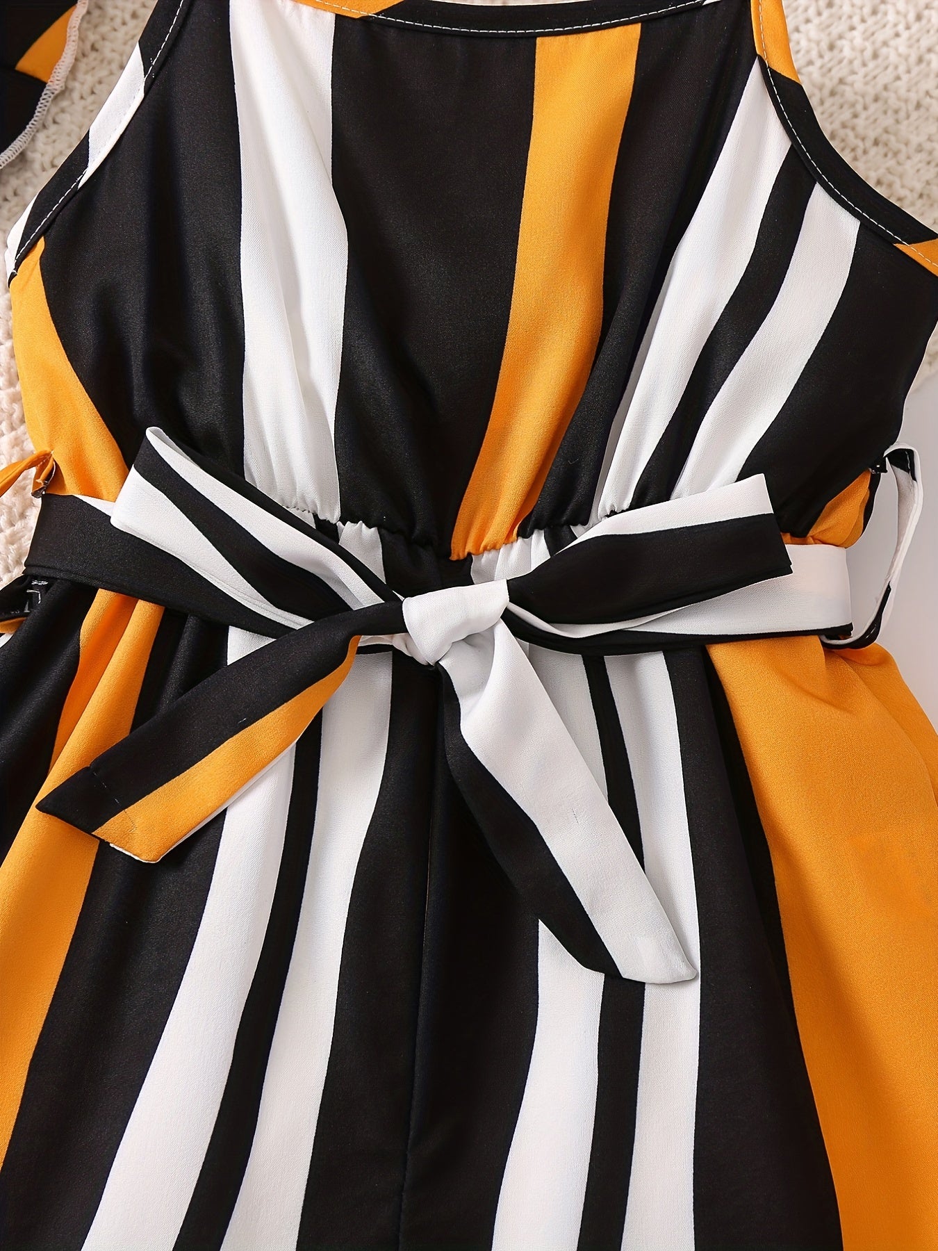 2pcs Toddler Girls Striped Belted Jumpsuit & Hat Set