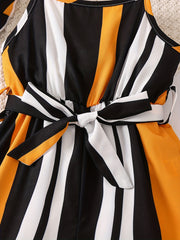 2pcs Toddler Girls Striped Belted Jumpsuit & Hat Set