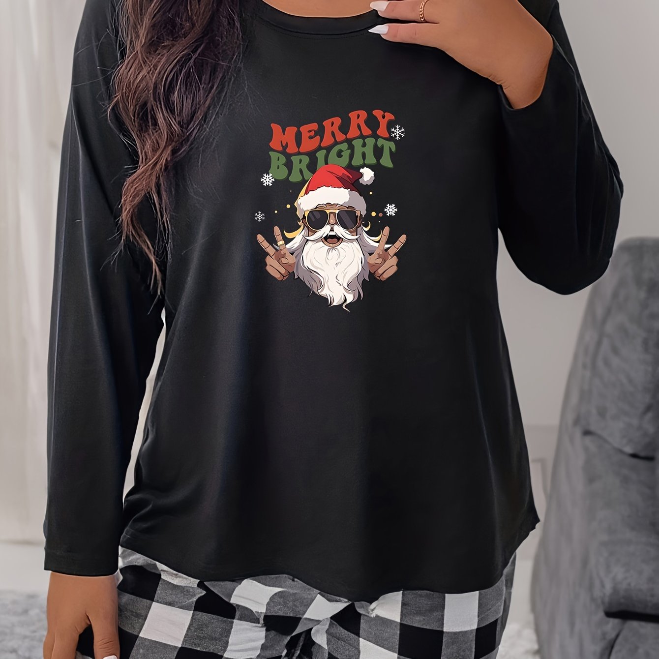 Christmas Santa Pajama Top Women's Snowflake Print Long Sleeve T-shirt