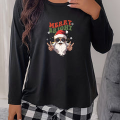 Christmas Santa Pajama Top Women's Snowflake Print Long Sleeve T-shirt