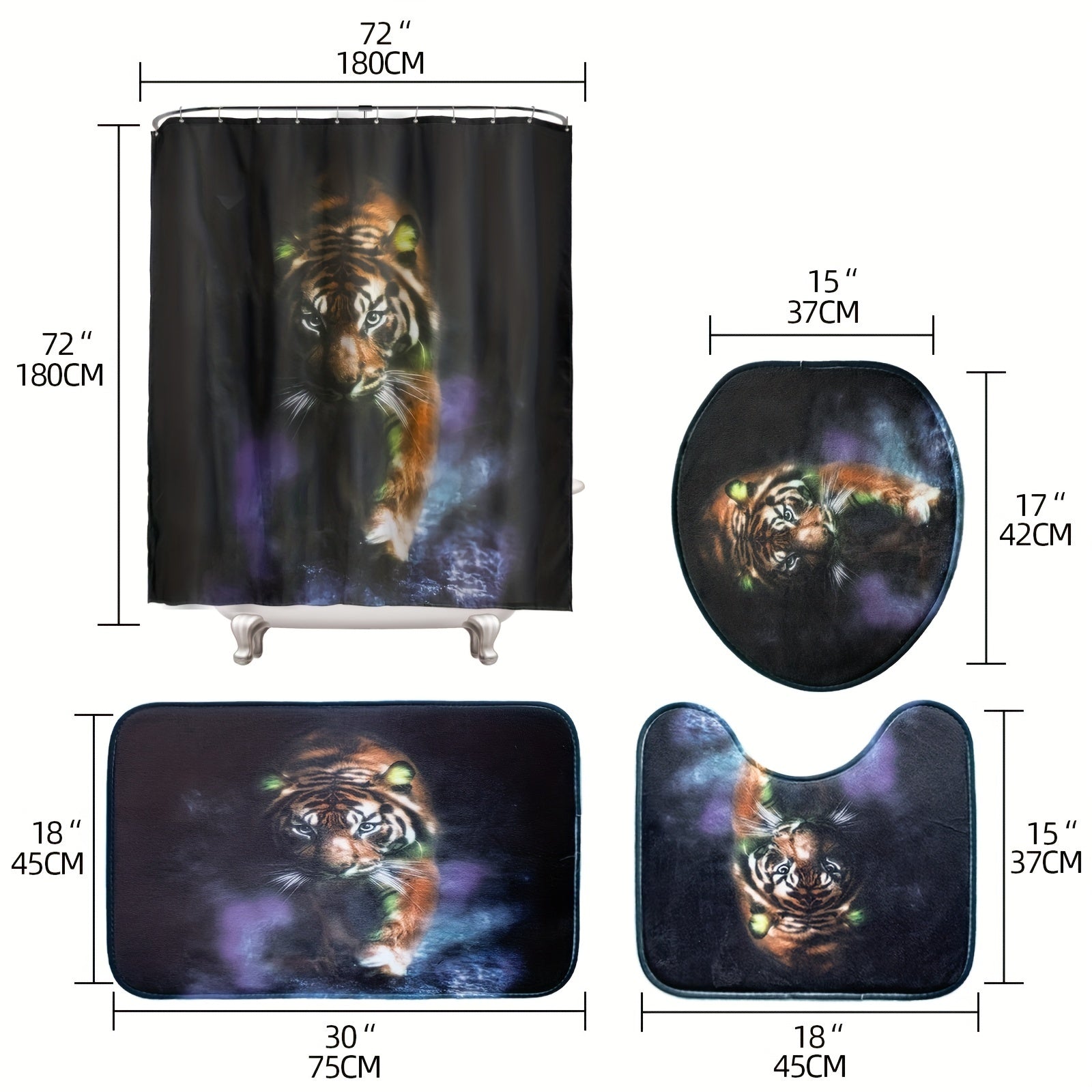 4pcs Shower Curtain Set Abstract Block Non Slip Bath Mat Toilet Lid Cover