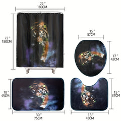 4pcs Shower Curtain Set Abstract Block Non Slip Bath Mat Toilet Lid Cover
