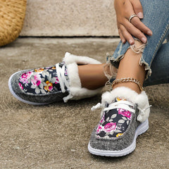 Floral Print Warm Sneakers Lightweight Casual Flat Walking Shoes