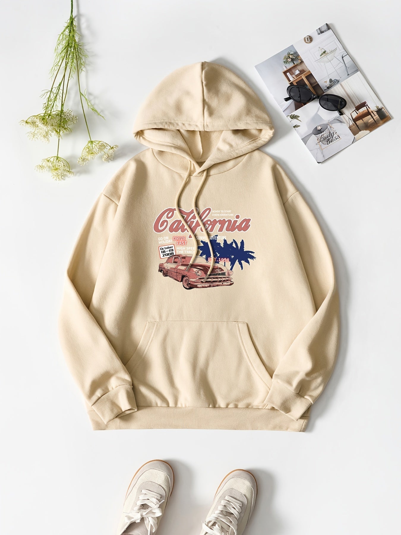 Car & Coconut Tree Casual Shirt Loose Drawstring Hoodies