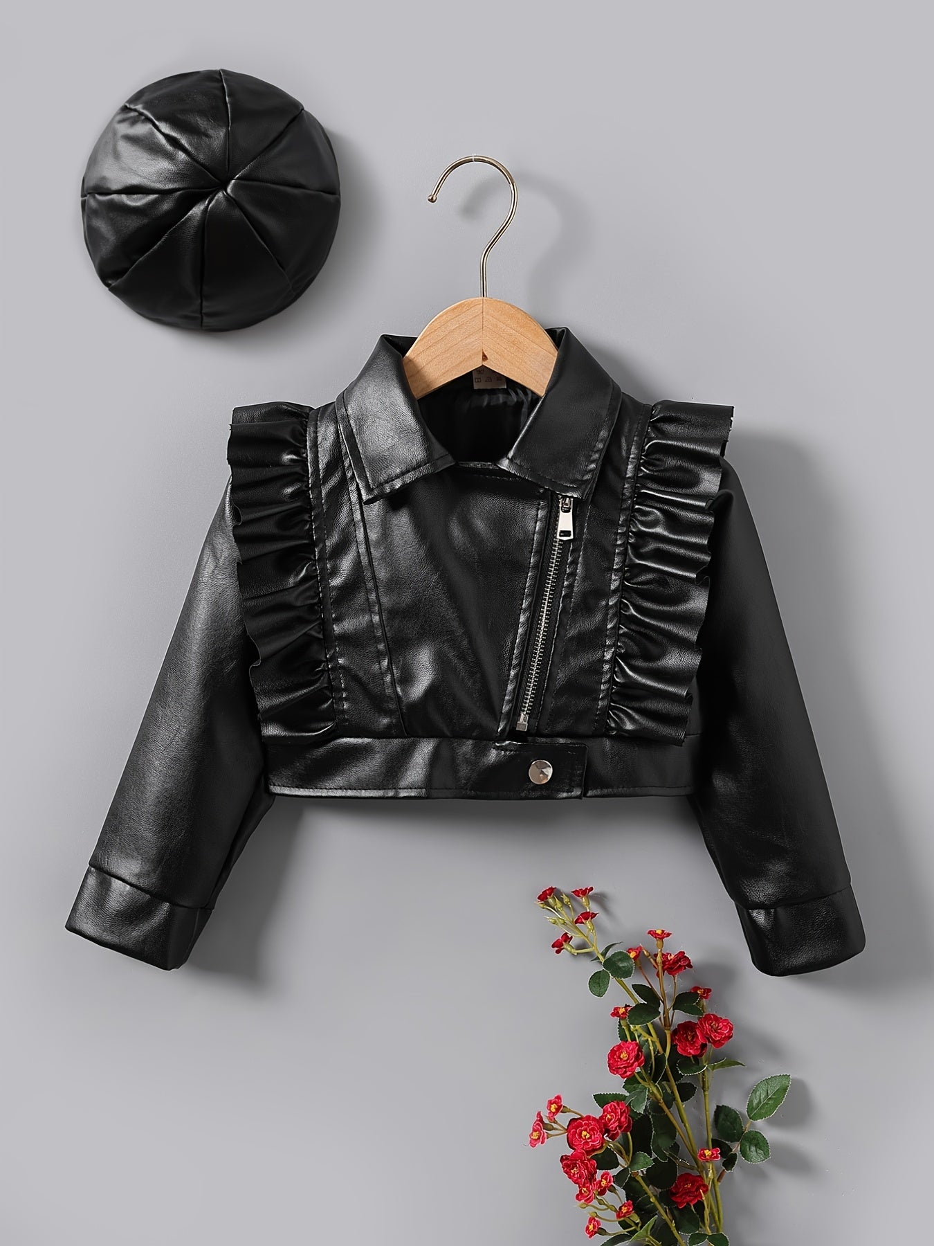 Girls Ruffled Leather Jacket & Hat Set for Autumn/Winter
