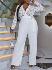 Sexy Jumpsuit Women's Plus Floral Jacquard Lace Sleeve Jumpsuit
