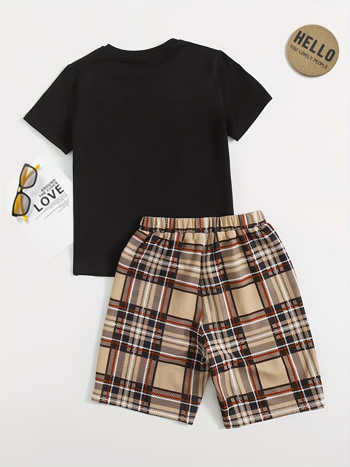 Boy's Plaid Print T-Shirt & Shorts Set with Horse Print