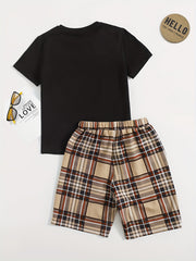 Boy's Plaid Print T-Shirt & Shorts Set with Horse Print