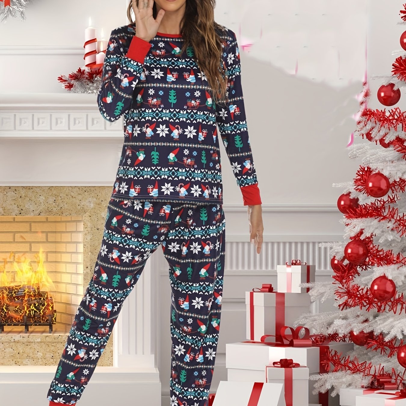 Christmas Print Lounge Set Long Sleeve Top & Pants Women's Loungewear