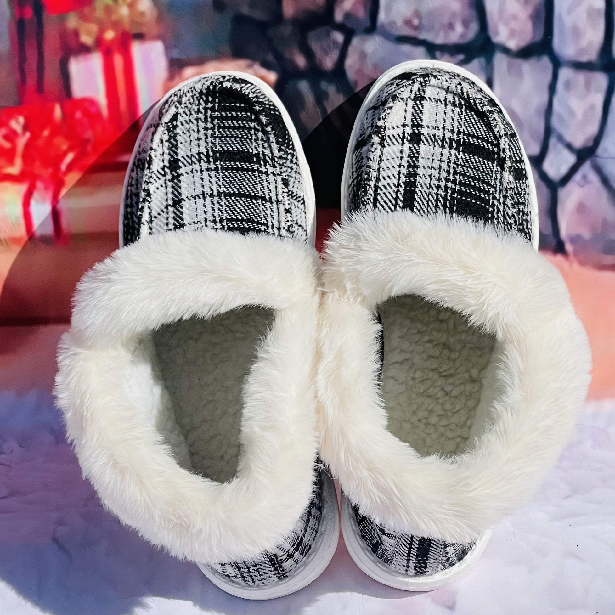 Large Checkered Printed Furry Snow Boots