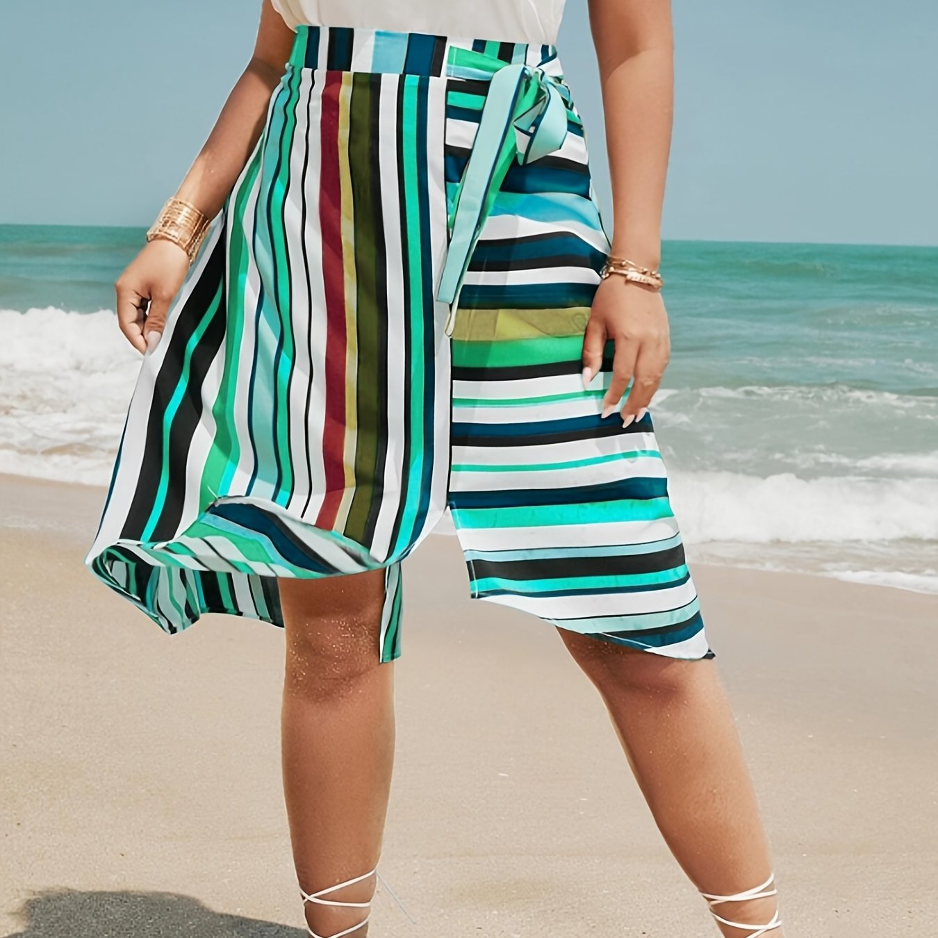 Sports Skirt Women's Colorful Stripe Print Knot Split Skirt