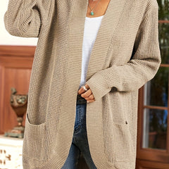 Solid Long Sleeve Open Front Cardigan With Pockets