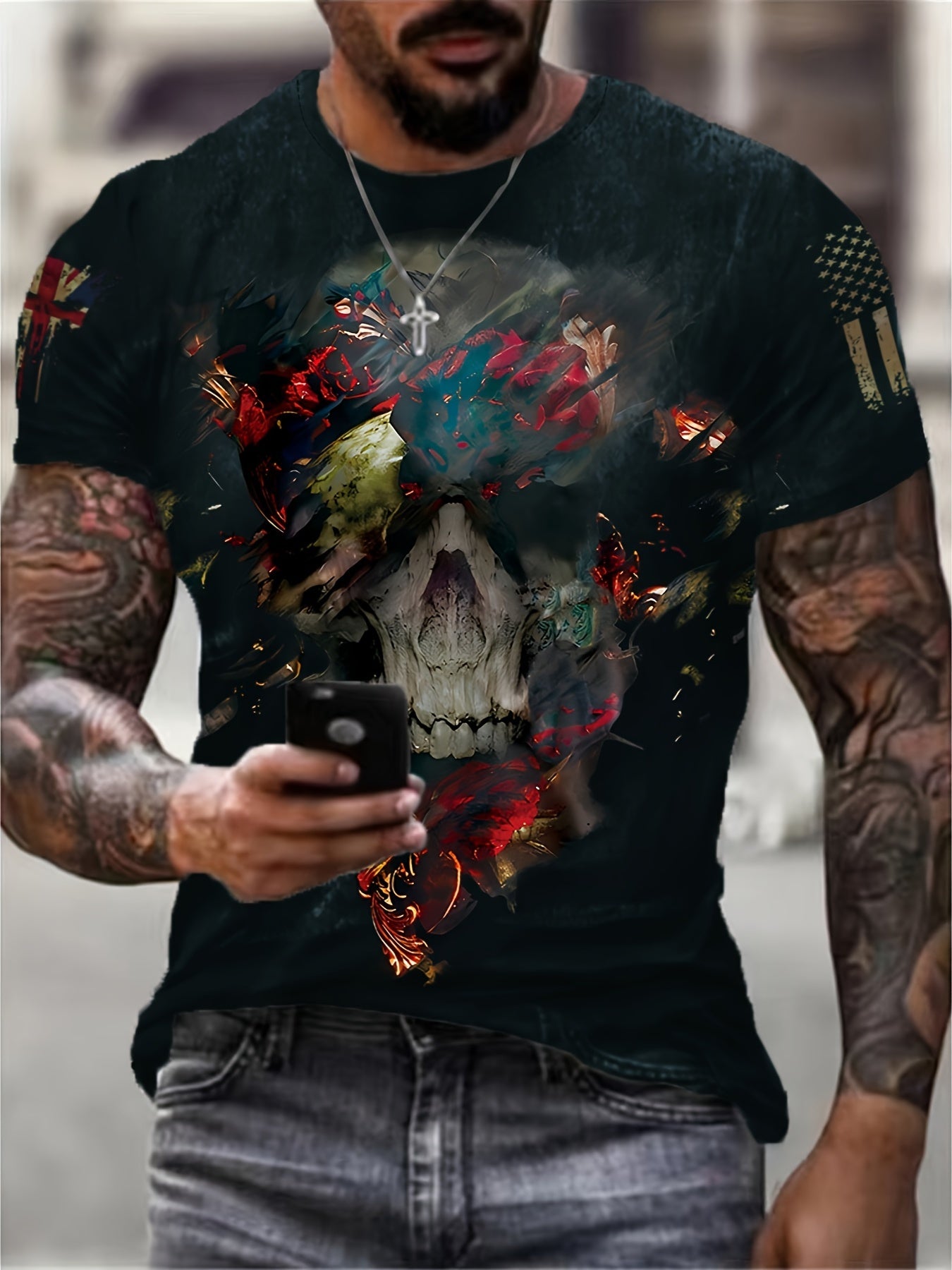 Men's American Flag & Skull Print T-Shirt Short Sleeve Crew Neck Tee