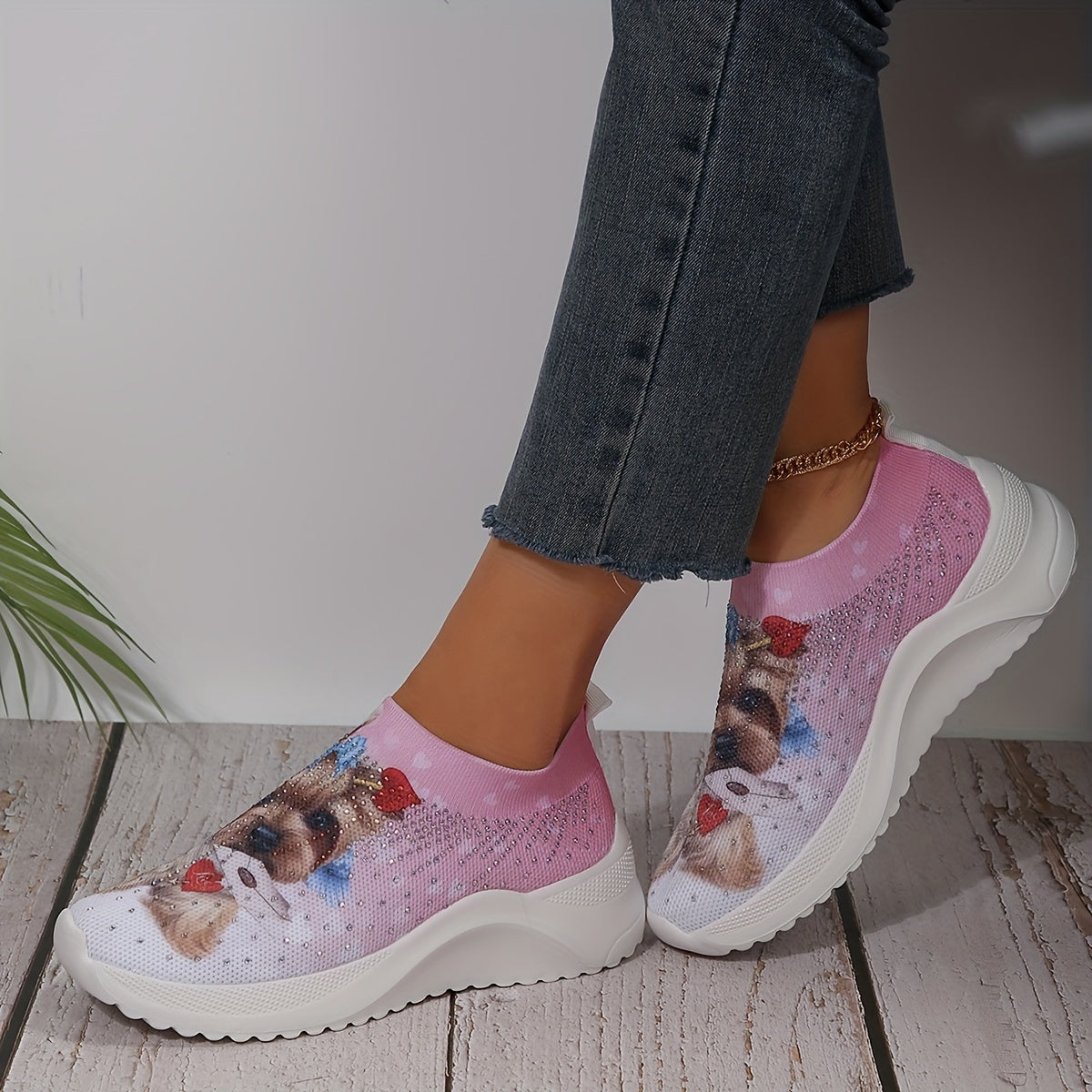 Cartoon Dog Print Rhinestone Mesh Running Shoes