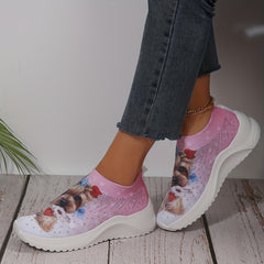Cartoon Dog Print Rhinestone Mesh Running Shoes