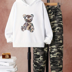 Boy's 2pcs Cartoon Bear Print Hoodie & Sweatpants Set