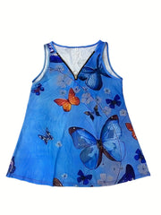 Butterfly Print Zipper Front V Neck Tank Top